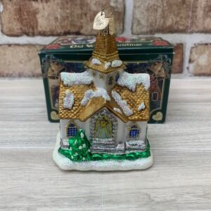 Old World Christmas Glittering White Church Glass Ornament with Box